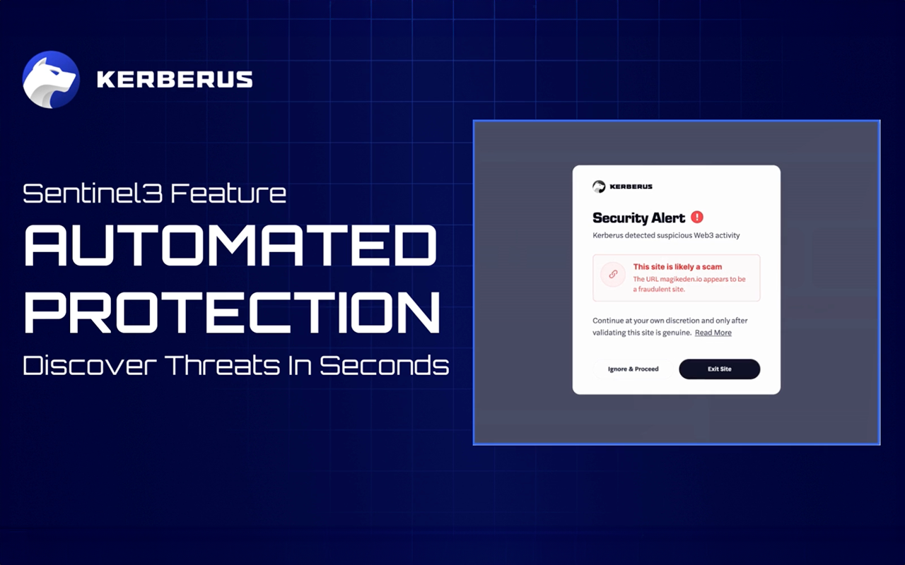 Kerberus Sentinel3: Browser extension interface showing real-time protection features