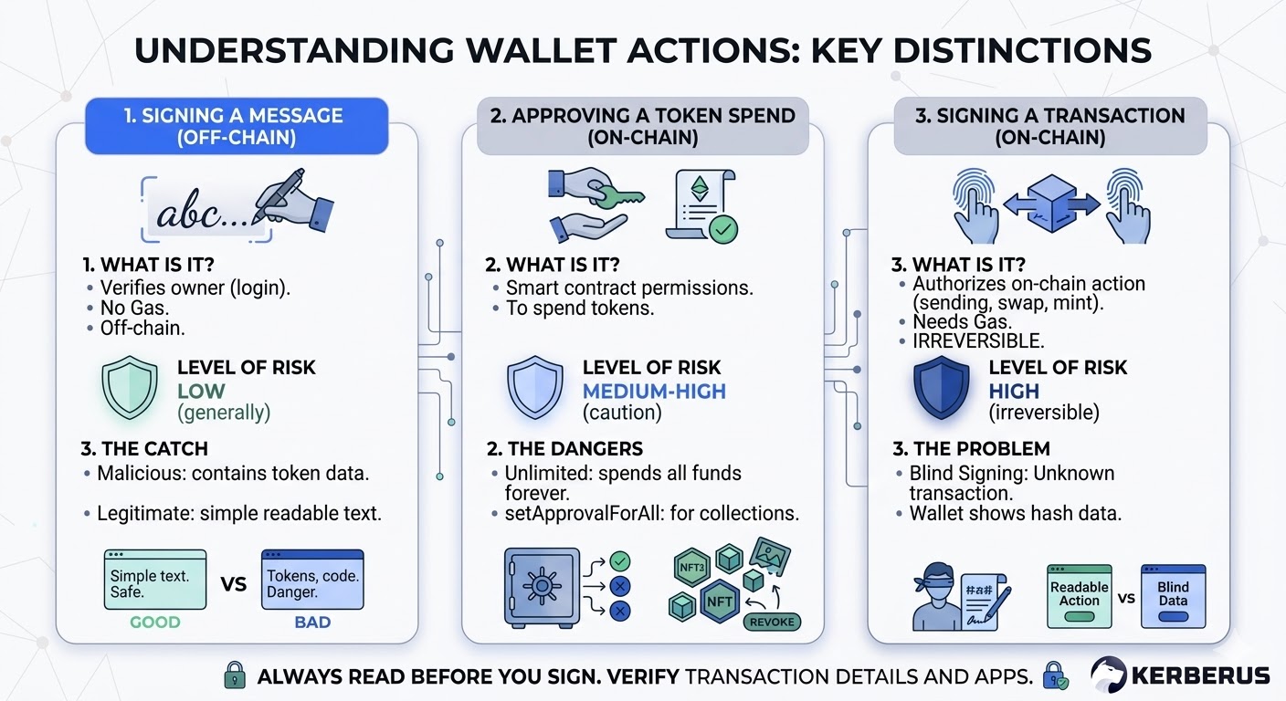 Wallet Approve flow: message signing vs approvals vs transactions